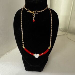 Handmade Gold Stainless Steel Necklace.  Mother of Pearl Initial & red crystals.